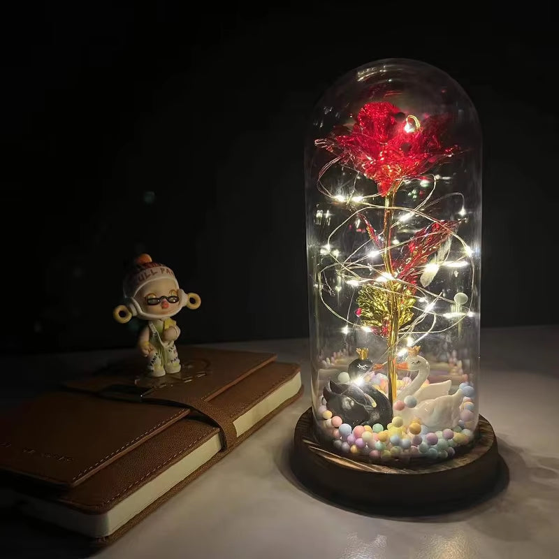 2022 LED Enchanted Galaxy Rose Eternal 24K Gold Foil Flower with Fairy String Lights in Dome for Christmas Valentine'S Day Gift