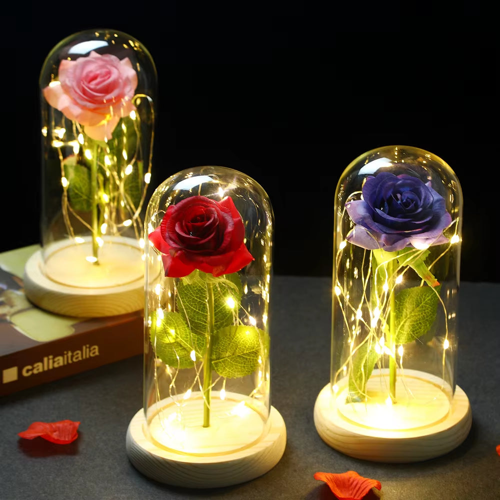 2022 LED Enchanted Galaxy Rose Eternal 24K Gold Foil Flower with Fairy String Lights in Dome for Christmas Valentine'S Day Gift