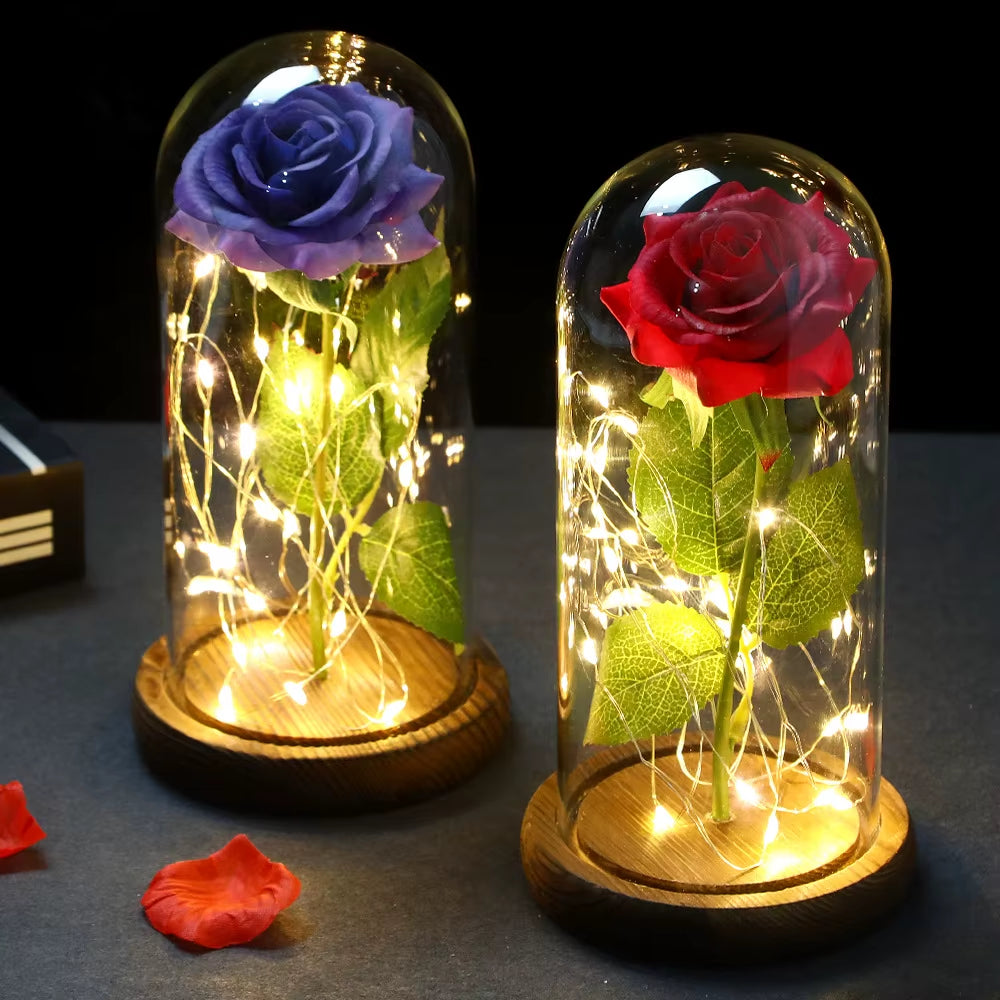 2022 LED Enchanted Galaxy Rose Eternal 24K Gold Foil Flower with Fairy String Lights in Dome for Christmas Valentine'S Day Gift