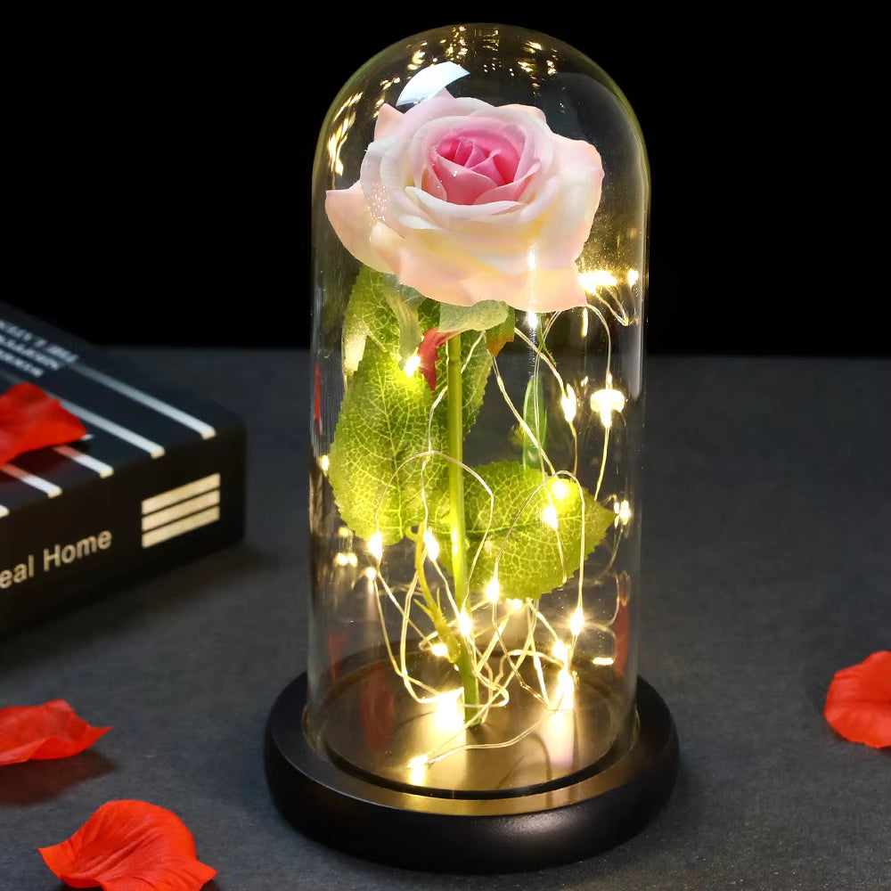 2022 LED Enchanted Galaxy Rose Eternal 24K Gold Foil Flower with Fairy String Lights in Dome for Christmas Valentine'S Day Gift