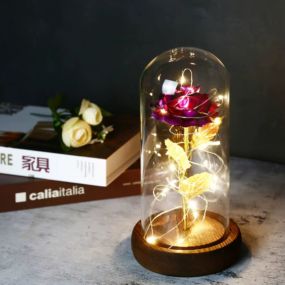 2022 LED Enchanted Galaxy Rose Eternal 24K Gold Foil Flower with Fairy String Lights in Dome for Christmas Valentine'S Day Gift