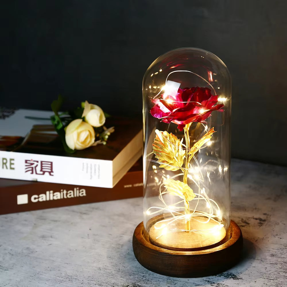 2022 LED Enchanted Galaxy Rose Eternal 24K Gold Foil Flower with Fairy String Lights in Dome for Christmas Valentine'S Day Gift