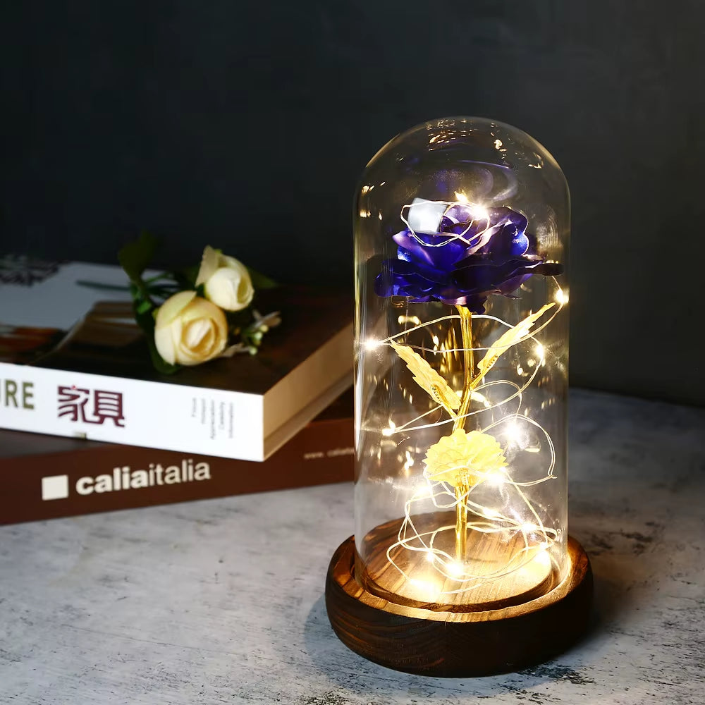 2022 LED Enchanted Galaxy Rose Eternal 24K Gold Foil Flower with Fairy String Lights in Dome for Christmas Valentine'S Day Gift