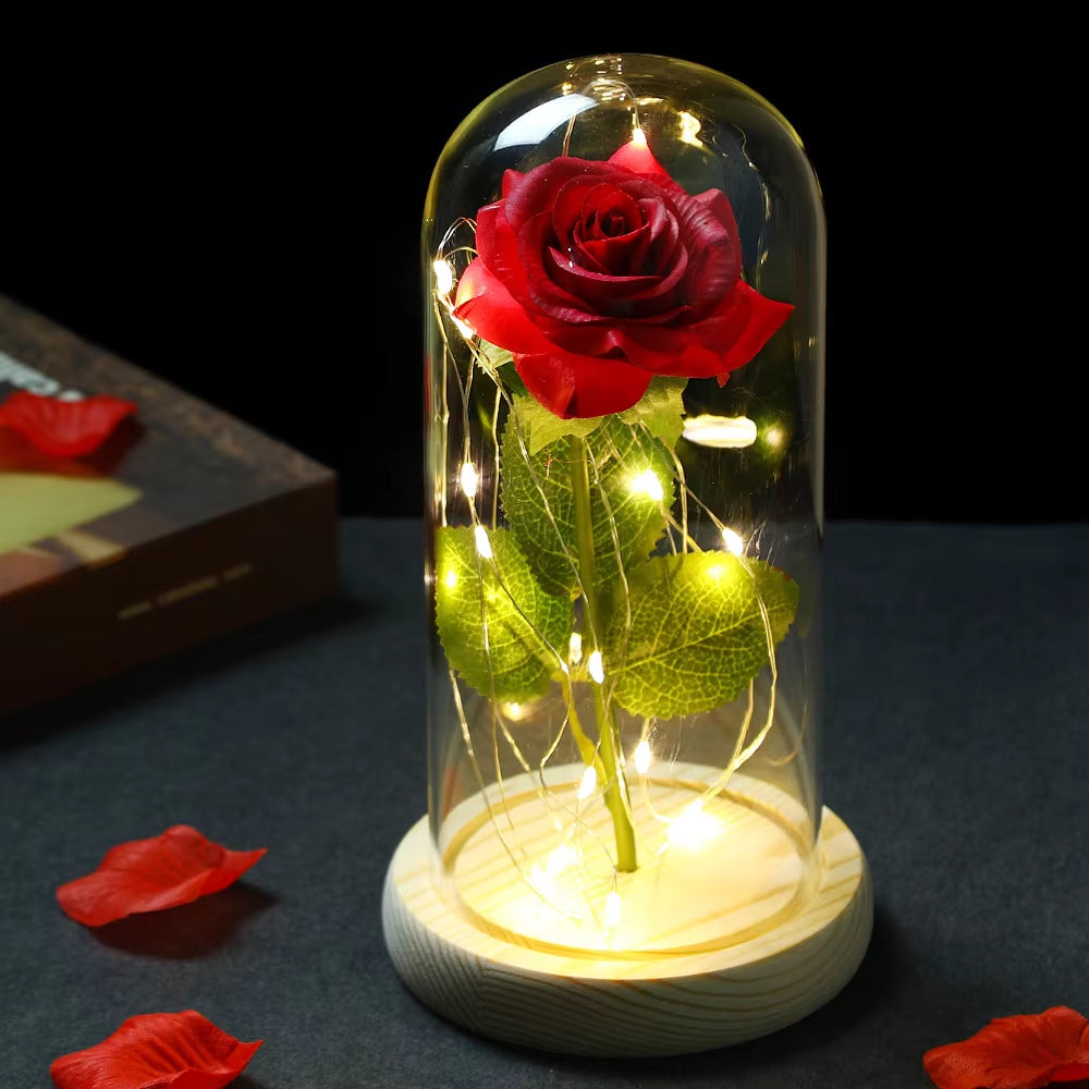 2022 LED Enchanted Galaxy Rose Eternal 24K Gold Foil Flower with Fairy String Lights in Dome for Christmas Valentine'S Day Gift