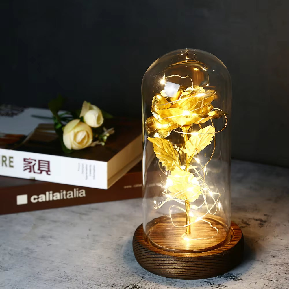 2022 LED Enchanted Galaxy Rose Eternal 24K Gold Foil Flower with Fairy String Lights in Dome for Christmas Valentine'S Day Gift