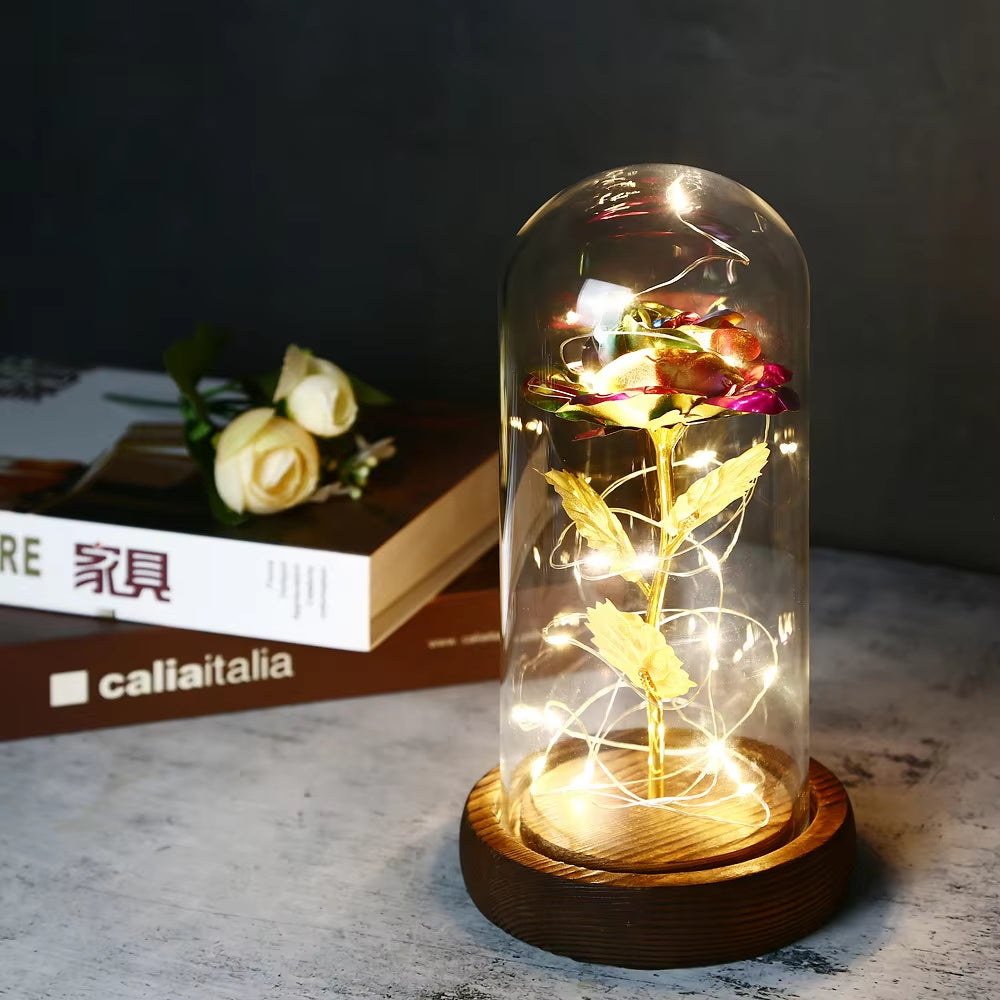 2022 LED Enchanted Galaxy Rose Eternal 24K Gold Foil Flower with Fairy String Lights in Dome for Christmas Valentine'S Day Gift