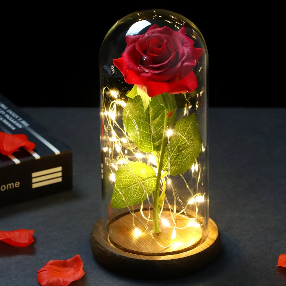 2022 LED Enchanted Galaxy Rose Eternal 24K Gold Foil Flower with Fairy String Lights in Dome for Christmas Valentine'S Day Gift